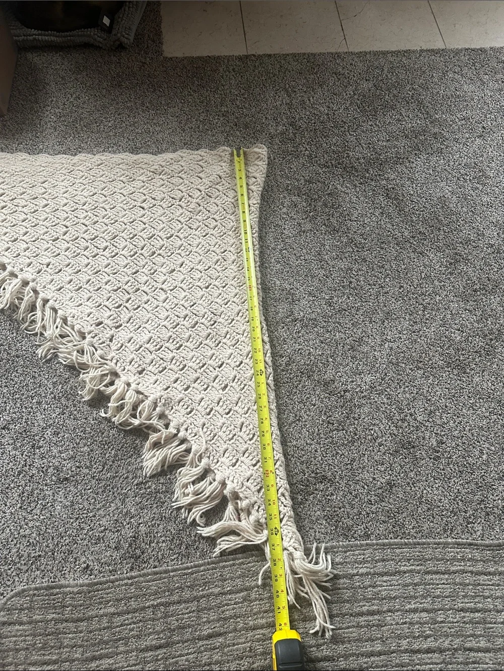 Vintage Handmade crochet Triangle Shawl - Cream  with Fringe